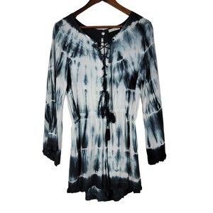 Exist Sz Med Tie Dye Romper Long Sleeves Elastic Waist Lace Up Front